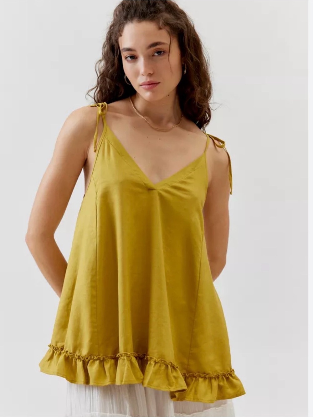 Urban Renewal Mustard Yellow Tie-Shoulder Ruffle Hem Tunic